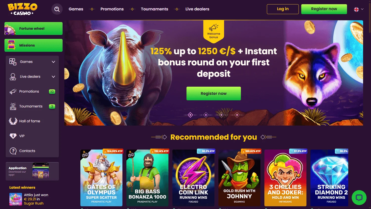 Bizzo Casino desktop home with casino account and offer information