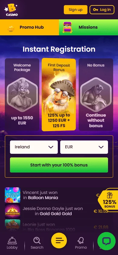 Bizzo Casino mobile home with account and casino access
