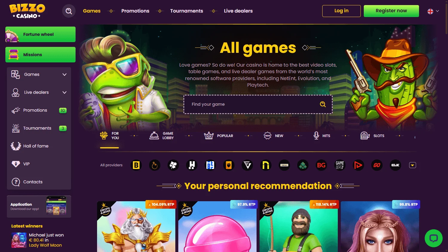 Bizzo Casino desktop casino games selection