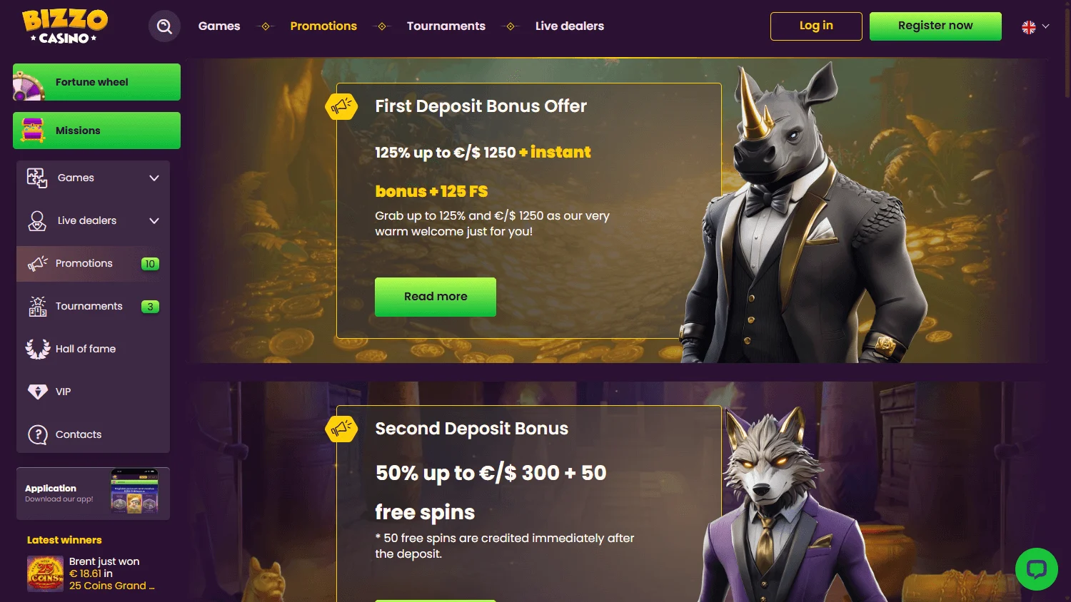 Bizzo Casino desktop promotions and welcome package information